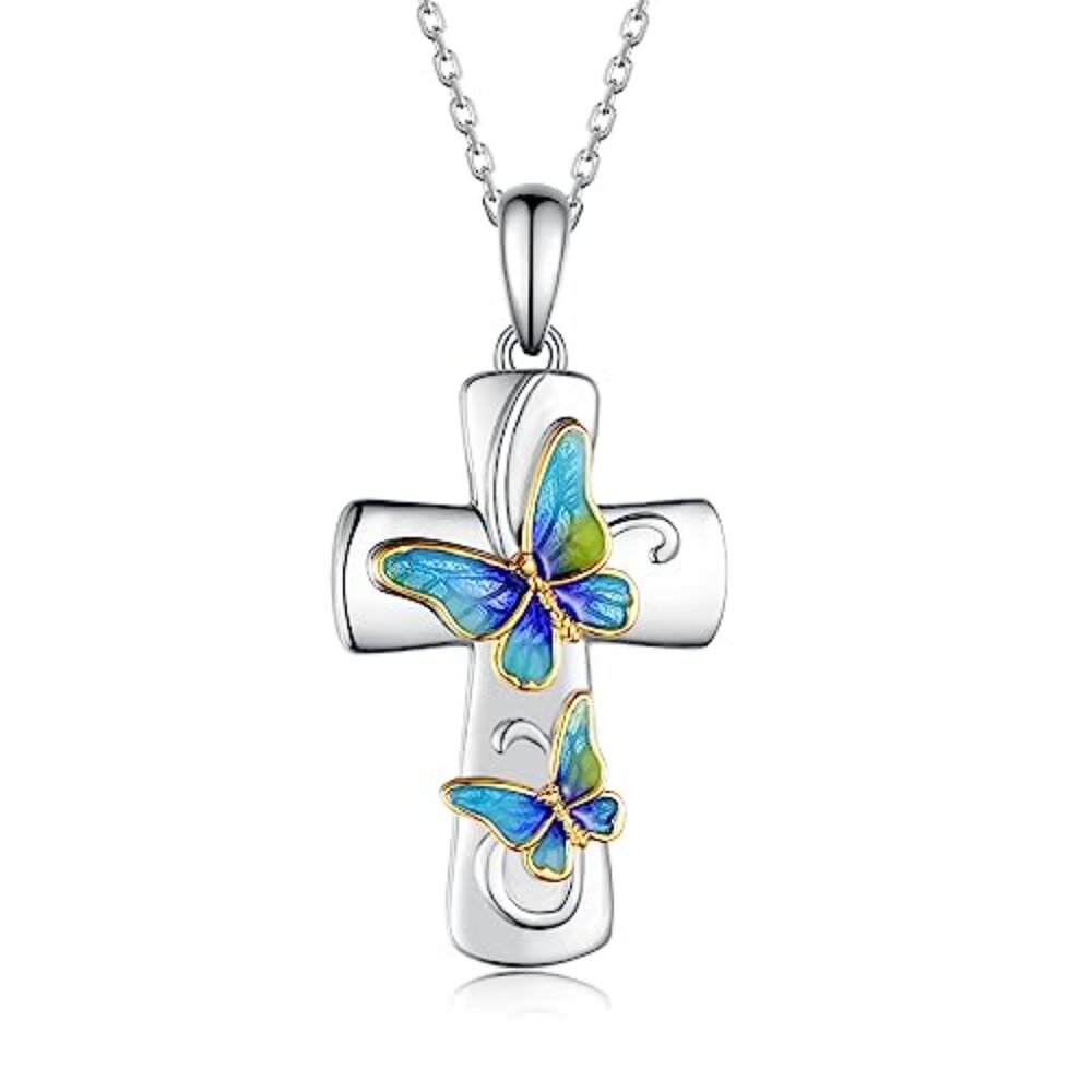Sterling Silver Cross Butterfly Pendant Necklace Elegant Faith Symbol Jewelry - Picture 2 of 8